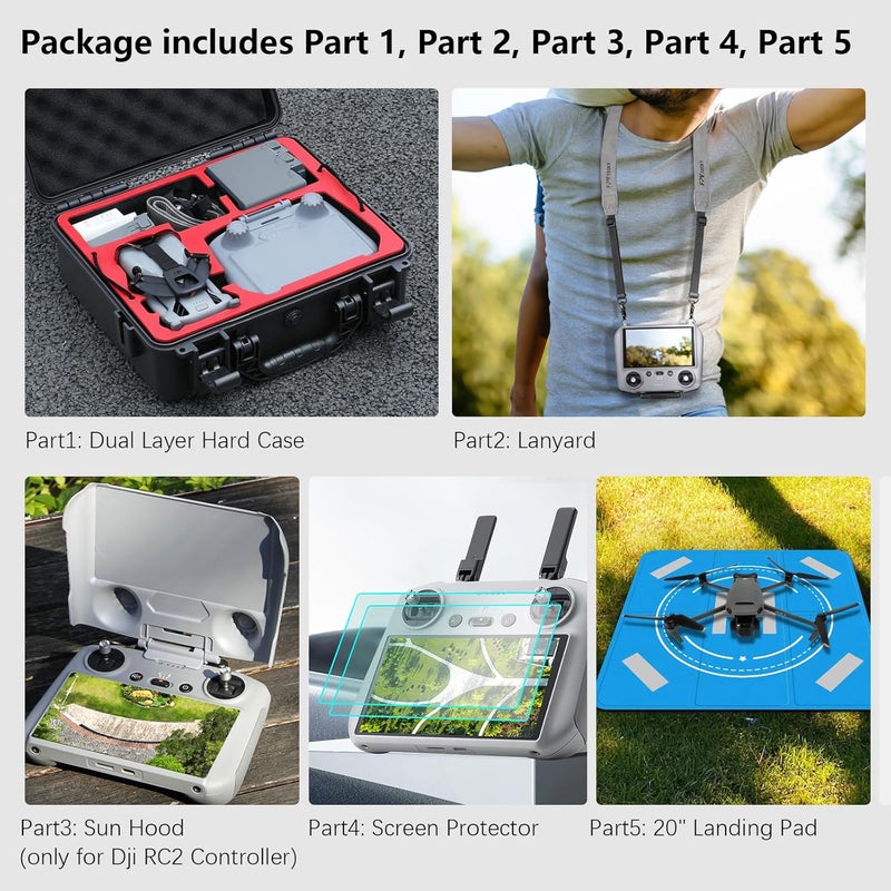 FPVtosky مجموعة ملحقات علبة صلبة لـ DJI Mini 5 Pro، مجموعة ملحقات الطائرات بدون طيار تشمل علبة مزدوجة الطبقات، وسادة هبوط، حبل، واقي شاشة، غطاء للحماية من الشمس لـ DJI Mini 5 Pro (5 في 1) - Image 2